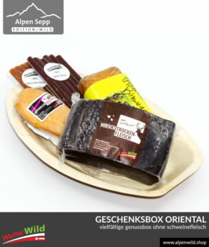 Geschenkbox ORIENTAL ohne Schweinefleisch. Mit Rind, Hirsch, Huhn, Pute und Bäckerei mit Birnen