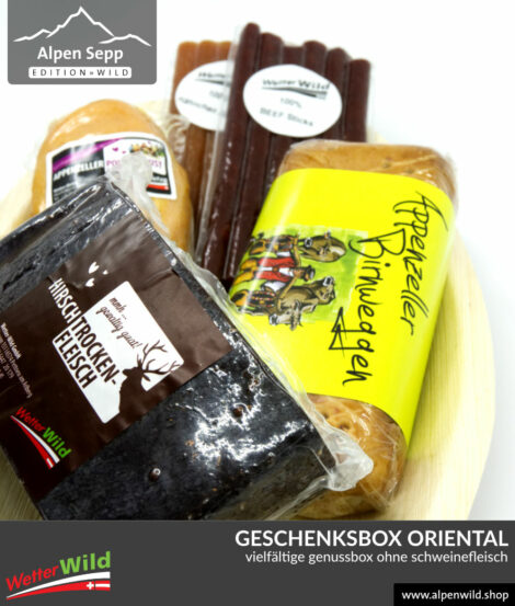 Geschenkbox ORIENTAL ohne Schweinefleisch. Mit Rind, Hirsch, Huhn, Pute und Bäckerei mit Birnen