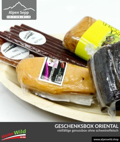 Geschenkbox ORIENTAL ohne Schweinefleisch. Mit Rind, Hirsch, Huhn, Pute und Bäckerei mit Birnen