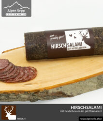 hirschsalami pfeffermantel etikett heidelbeeren alpenwild 380