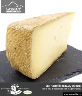 Lechtaler Bergkäse würzig | 100% Heu und kräuterreiche Magerwiese | Lechtaler Naturkäserei in Tirol | 100% Heumilch | 45% F.i.T.