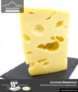 Lechtaler Emmentaler | 100% Heu und kräuterreiche Magerwiese | Lechtaler Naturkäserei in Tirol | 100% Heumilch | 45% F.i.T.
