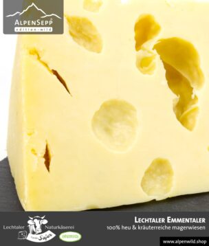 Lechtaler Emmentaler | 100% Heu und kräuterreiche Magerwiese | Lechtaler Naturkäserei in Tirol | 100% Heumilch | 45% F.i.T.